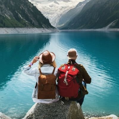 Hikers overlooking a mountain lake